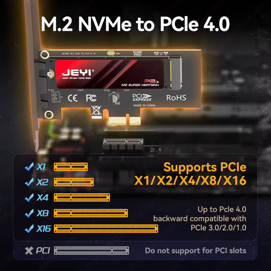 JEYI M.2 NVMe SSD zu PCIe 4.0 Adapterkarte für Desktop-PC, Schwarz, unterstützt 2280 NVMe SSD, kompatibel mit PCIe 3.0/2.0/1.0, X1/X4 Erweiterungskarte - Bild 2
