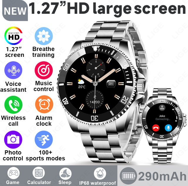 LIGE Smartwatch, Edelstahl, Schwarz, Herren - Bild 1