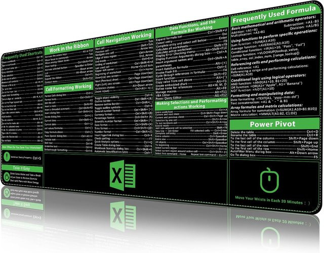 YSAGi Excel Cheat Sheet Schreibtischunterlage XXL Mauspad mit Excel-Verknüpfungen und rutschfester Basis - Bild 1