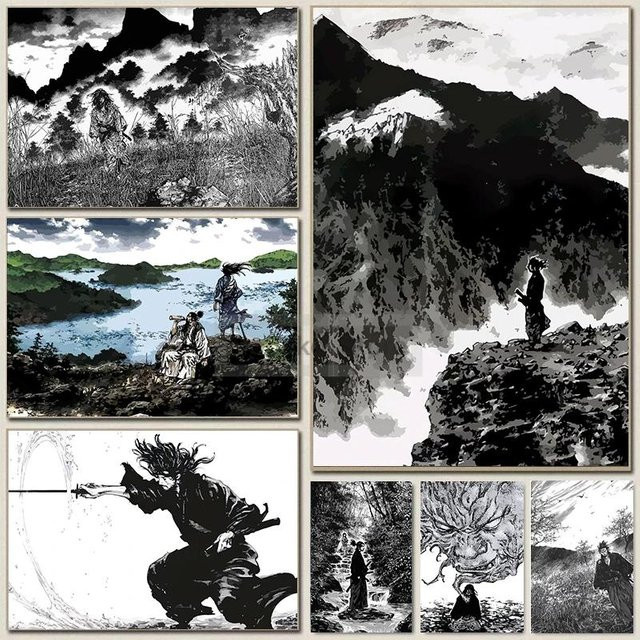 Potdemiel Vagabond Samurai Manga Leinwand-Kunstdruck in Schwarz-Weiß als Retro japanisches Wandposter - Bild 1