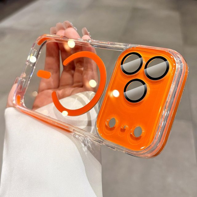YULIN-003 Magnetische transparente Kontrast-Schutzhülle für iPhone 13 bis iPhone 17 Pro Max mit Kameraschutz in Braun und Orange - Bild 1