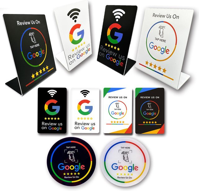 SZGHR NFC215 Programmierbare Google Review Acryl-Aufkleberkarte und NFC-Stationstisch, 13,56 MHz, wasserdichter NFC-Ständer, Weiß und Mehrfarbig - Bild 1