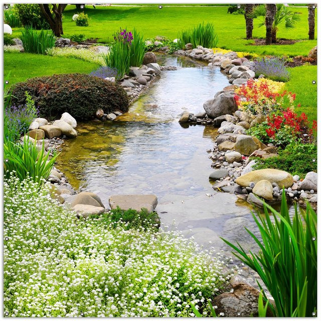 Wallario Gartenposter Blumen am Teich in Mehrfarbig, B: 120 cm, H: 180 cm - Bild 1