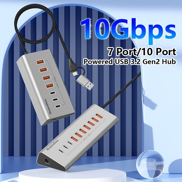 Blueendless Aluminium USB-C Hub 7-in-1 und 10-in-1 USB-A Splitter Adapter mit USB 3.2 Gen2 10Gbps in Silber für Laptop und MacBook - Bild 1