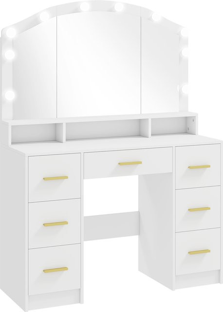 HOMCOM Schminktisch mit Spiegel und 10 LED-Leuchten in 3 Farben, moderner Make-up-Tisch mit 7 Schubladen und 3 Fächern, Weiß/Gold - Bild 1