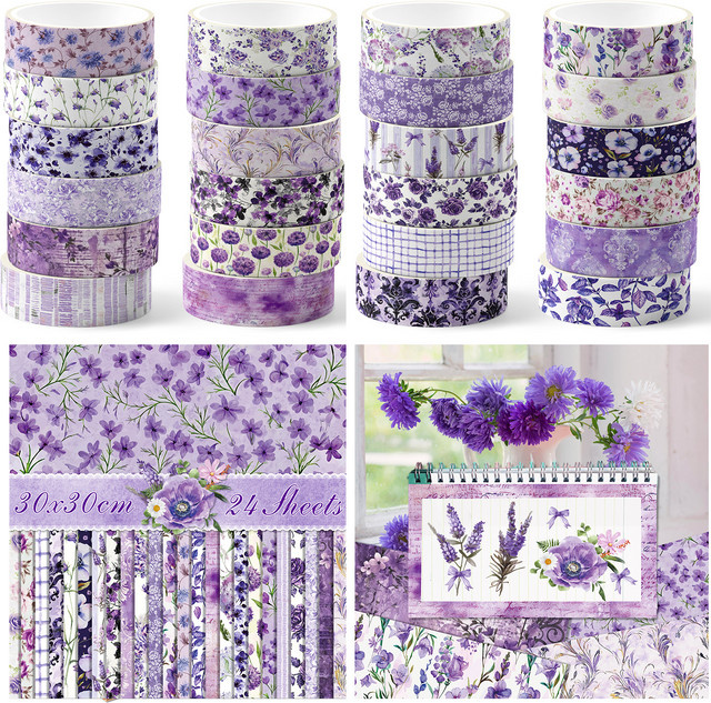 Lila Washi-Tape mit Blumen-Motiv für Scrapbooking, Origami und DIY-Bastelarbeiten aus Papier - Bild 1