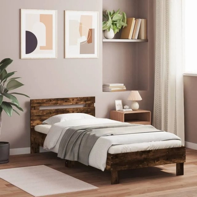 vidaXL Bettgestell mit Kopfteil in Räuchereiche, modern, mit LED-Unterbettbeleuchtung, USB-Ladeport und integrierten Leselampen, B/T/H: 90 x 200 x 103 cm - Bild 1