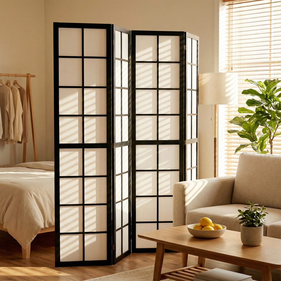 HOMCOM Faltbarer 4-flügeliger Paravent aus Holz in Schwarz, Raumteiler für Wohnzimmer, Schlafzimmer und Home Office, B/H: 160 x 170 cm - Bild 2