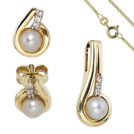Colfem Schmuck-Set 333 Gelbgold, Perle, Zirkonia, Ohrringe und Kette, 45 cm - Bild 1
