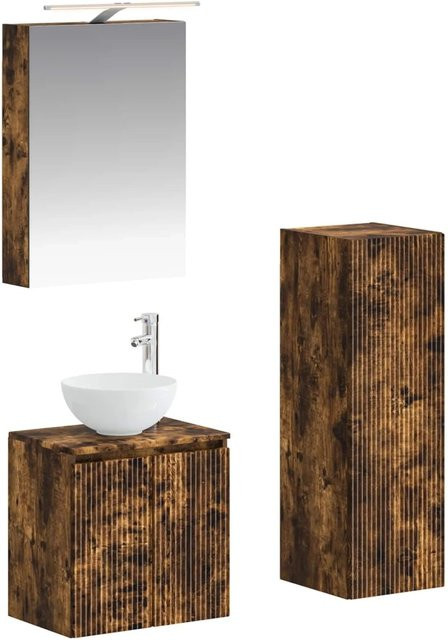 vidaXL Badezimmermöbel-Set 4-teilig aus Eiche in Braun mit LED-Spiegelschrank und Waschtischunterschrank - Bild 1