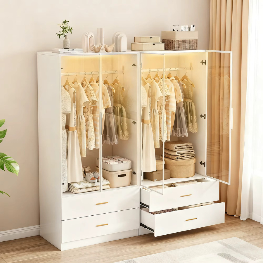 Moderner 2-türiger Kleiderschrank in Weiß mit integrierter Beleuchtung und Kleiderstange für dein Schlafzimmer - Bild 2