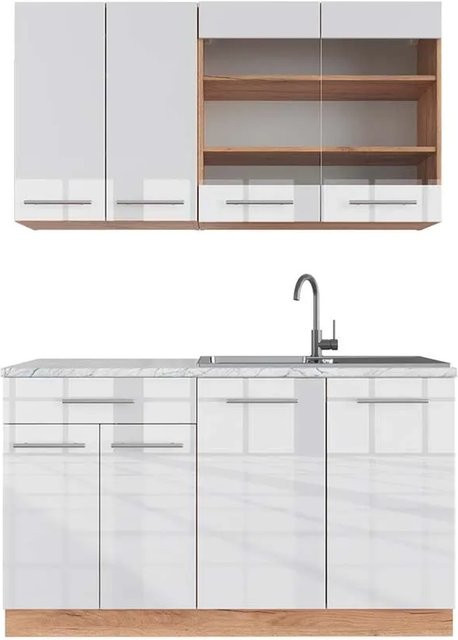 Vicco Fame-Line Singleküche in Weiß Hochglanz und Goldkraft Eiche mit Marmor-Optik, Breite: 140 cm - Bild 1
