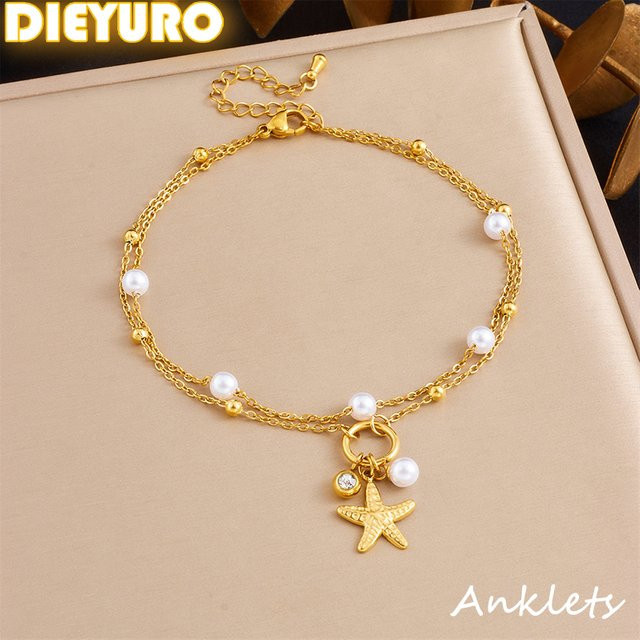 DIEYURO Fußkettchen Edelstahl, Gold, Perle, Zirkonia, Damen - Bild 1