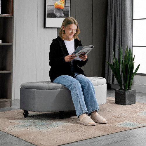 HOMCOM Sitzbank mit Stauraum aus Gummiholz und Samtbezug in Grau, B/T/H: 120 x 46 x 42 cm - Bild 2