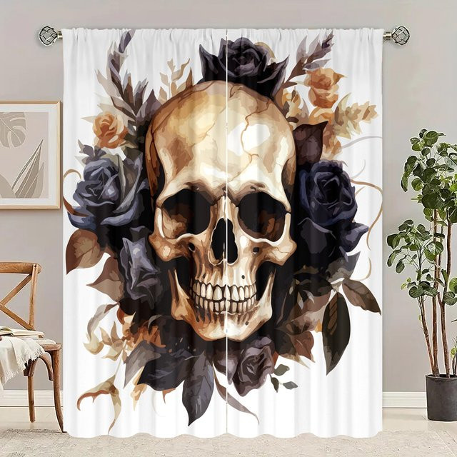 2-teiliger Vorhang mit Totenkopf-Print aus Polyester in Schwarz und Weiß, semi-transparent mit Ösen, Breite: 76,2 cm, Höhe: 165,1 cm - Bild 1