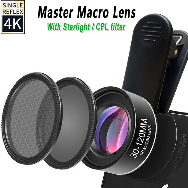 OBKEY 4K HD Smartphone-Objektiv-Set mit 30–120 mm Makro- und Teleobjektiv sowie CPL-Sternfilter in Schwarz für iPhone 15, Samsung und Huawei - Bild 1
