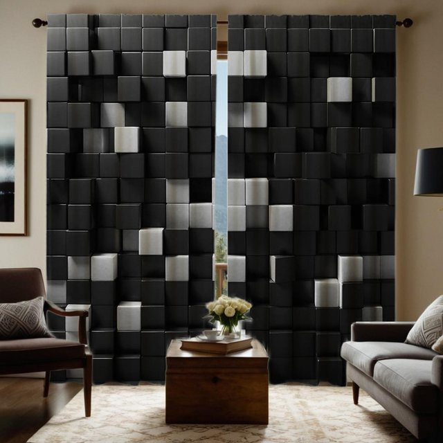 2er-Set MH Vorhänge mit modernem Schwarz-Weiß Holzblock-Design, halbtransparent, B: 132 cm, H: 160 cm - Bild 1