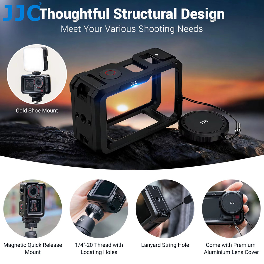 JJC Metallkäfig Kameragriff-Kit in Schwarz für DJI Action 5 Pro, Action 4 und Action 3 zur Erweiterung mit Mikrofon und LED-Licht - Bild 4