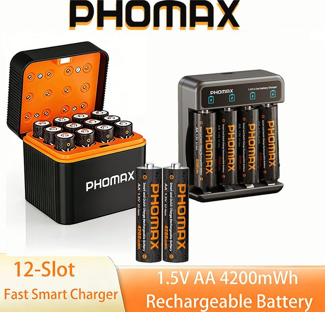 PHOMAX Wiederaufladbares Lithium-Batterie Set mit 12-Slot Smart-Schnellladegerät, 1,5V AA Batterien mit 4200mWh, Farbe: Schwarz - Bild 1
