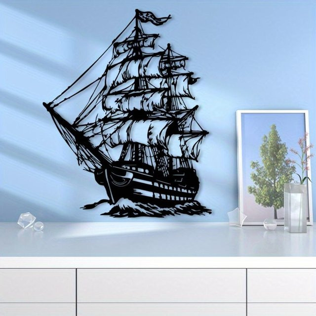 CIFbuy Piratenschiff Metallwandskulptur in Schwarz, Nautisches Eisenkunst Wandbild für Strandhaus Dekoration, Höhe: 30 cm - Bild 1