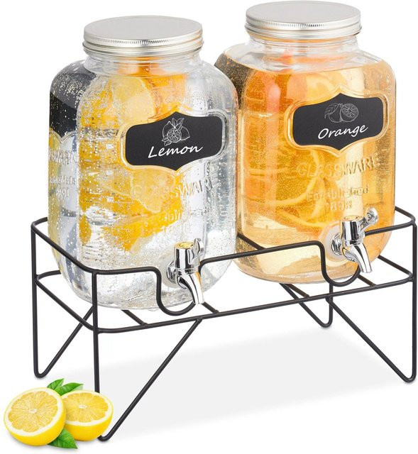 Relaxdays Getränkespender 2er Set aus Glas mit Ständer, Transparent und Schwarz, B/T/H: 35 x 33 x 22 cm - Bild 1