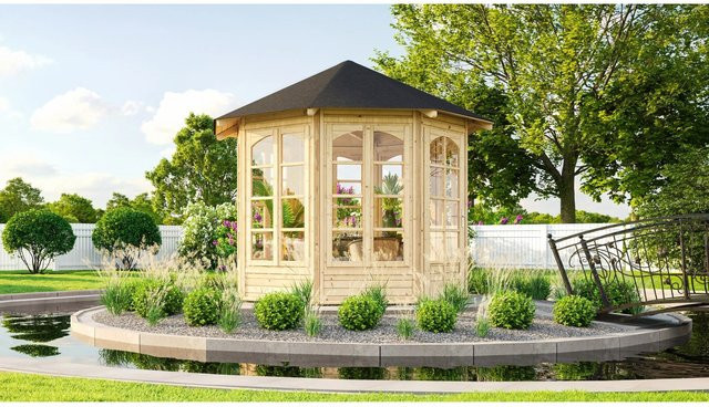 WEKA Sitzlaube achteckig mit Zeltdach in Beige, B/T: 336 x 365 cm, aus Massivholz mit Sprossenfenstern und Echtverglasung - Bild 1