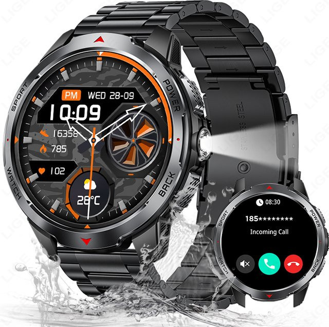 LIGE Smartwatch für Herren in Schwarz mit 1,7 Zoll Display, Bluetooth-Anruffunktion, Sprachassistent und 3ATM Wasserdichtigkeit - Bild 1