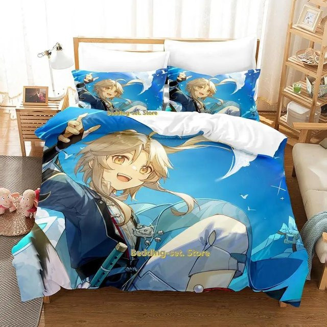 Honkai Star Rail Bettwäsche Set mit 3D Anime Design, Blau, 3-teiliges Set aus Bettbezug und Kissenbezügen aus Mikrofaser - Bild 1