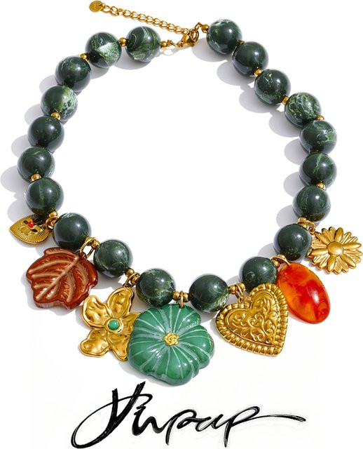 Yhpup Halskette Edelstahl, Gold, grüne Acrylperlen, Blatt, Blume, Herz, Tropfen-Charm - Bild 1