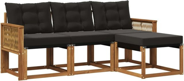 vidaXL Outdoor-Sofagarnitur L-Form aus Akazienholz und Textilene in Natur und Schwarz mit 4 Kissen - Bild 1