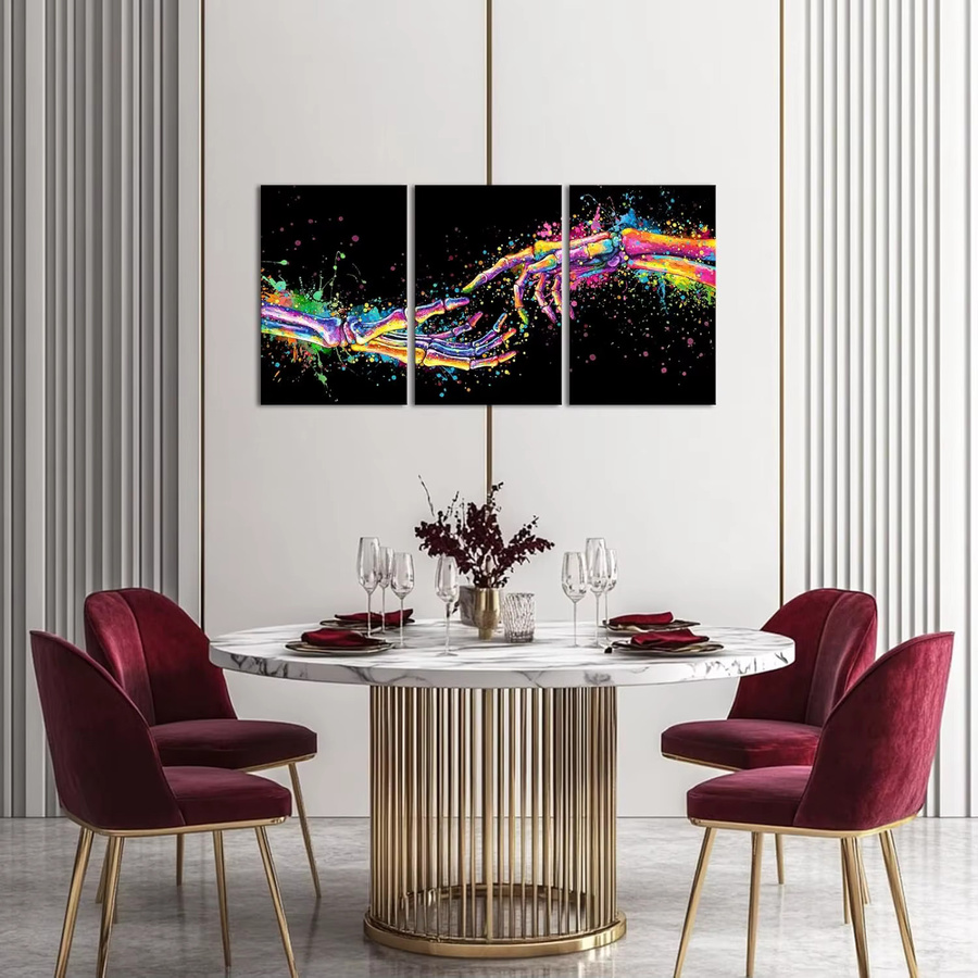 3-teiliges Gothic-Schädel-Leinwand-Wandkunst-Set von WJWANG in Bunt mit Graffiti-Skelett-Motiv für deine moderne Wanddekoration - Bild 3