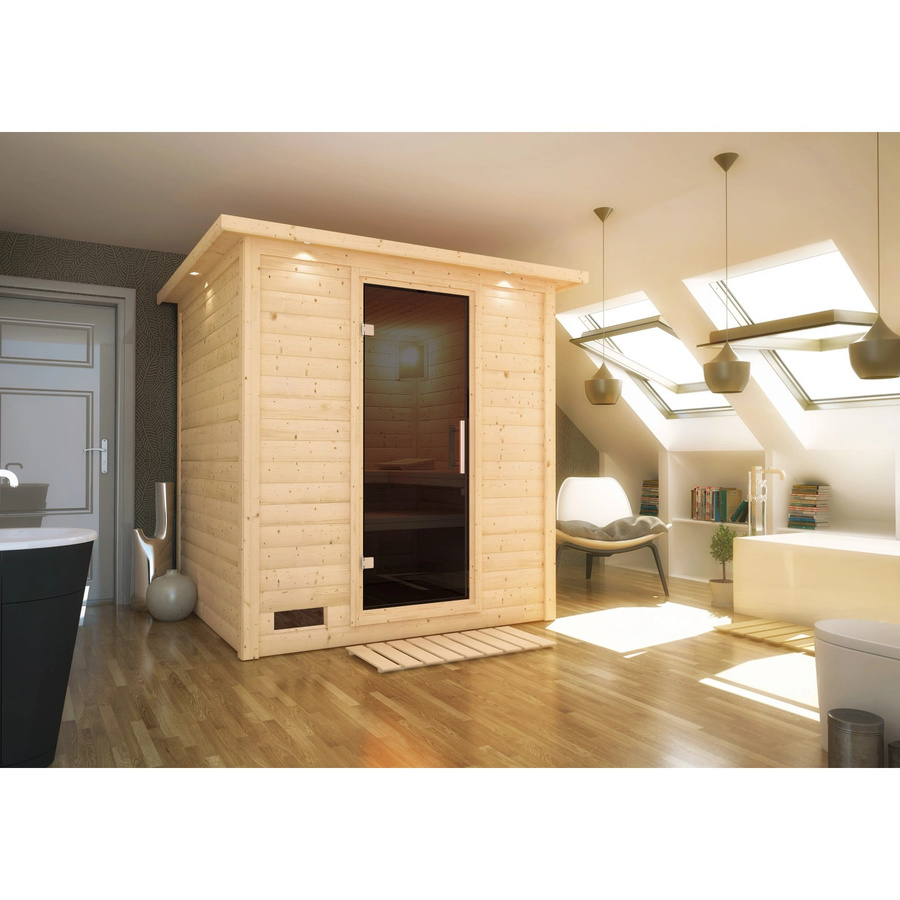 Karibu Massivholzsauna Marika aus Fichte und Espe mit 9,0 kW Ofen, integrierter Steuerung, LED-Dachkranz und Ganzglastür in Graphit, B/T/H: 196 x 196 x 200 cm - Bild 3