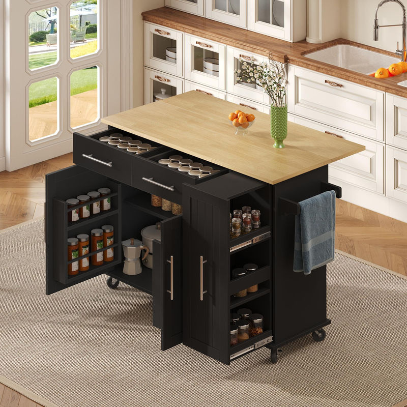 Mobile Kücheninsel von TG Electrical DE in Schwarz und Natur mit ausklappbarer Arbeitsplatte und 3-stufigem ausziehbarem Schrank-Organizer, B/T/H: 120 x 40/65 x 90 cm - Bild 2