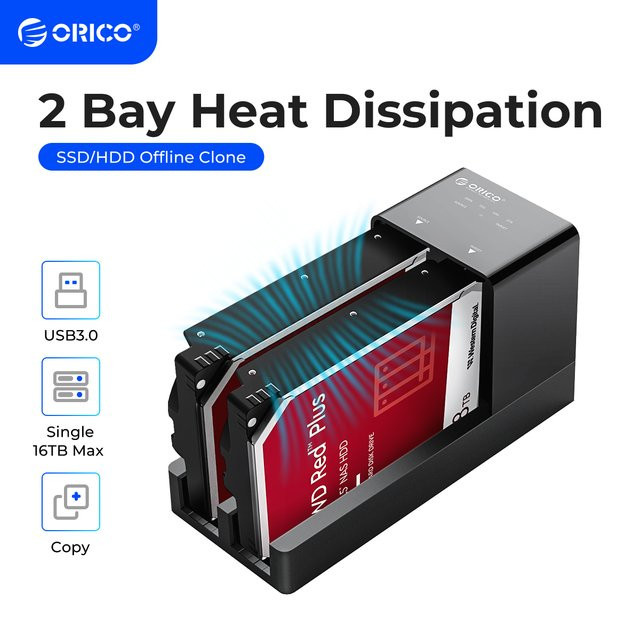 ORICO 2-Bay HDD-Dockingstation mit Offline-Klonfunktion, SATA zu USB 3.0 Festplatten-Dockingstation für 2,5 und 3,5 Zoll Festplatten, Schwarz - Bild 1
