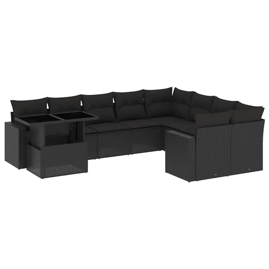 vidaXL 10-tlg. Garten-Sofagarnitur in L-Form aus schwarzem Poly-Rattan mit Kissen und Armlehnen - Bild 2