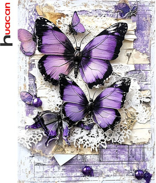 Huacan 5D Diamantmalerei Schmetterling Stickerei Set in Lila, runde Form, Durchmesser: 30 cm - Bild 1
