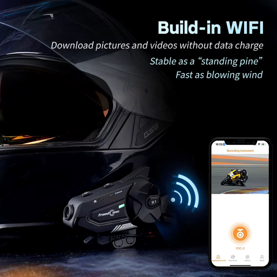 Freedconn R1 Pro Bluetooth Motorrad Intercom Helm Headset mit WiFi App und Dash Cam DVR in Schwarz - Bild 3