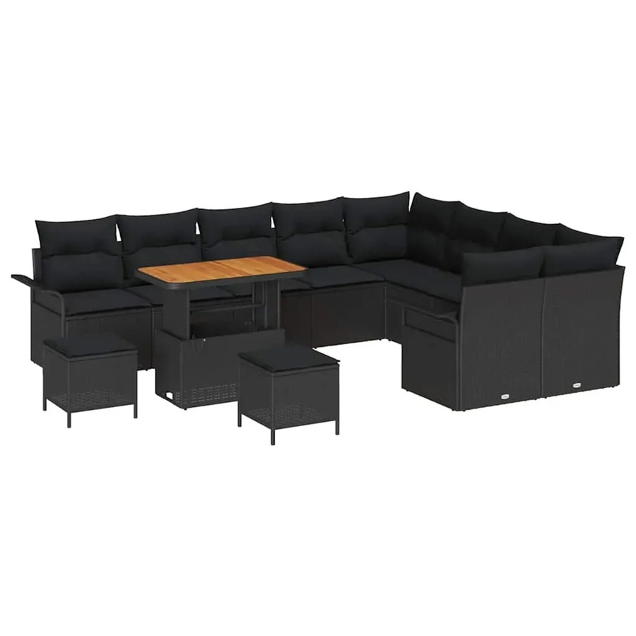 vidaXL 12-teiliges Garten-Sofa-Set in Schwarz aus Poly Rattan und Akazie mit Kissen und Tisch - Bild 2