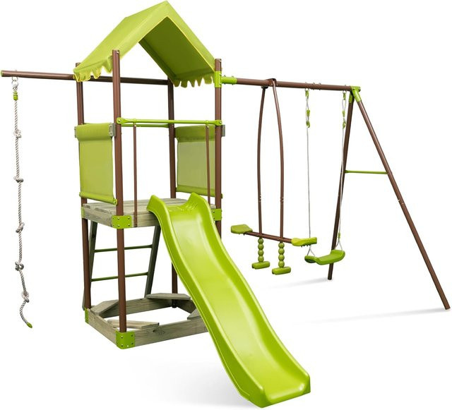 GOFLAME Spielturm Klettergerüst in Grün mit Schaukel, Rutsche, Kletterseil, Leiter und Sandkasten für Kinder - Bild 1