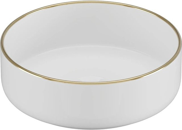 Leniso Aufsatzwaschbecken aus Keramik, rund, Weiß/Gold, Durchmesser: 36 cm, Höhe: 8 cm - Bild 1