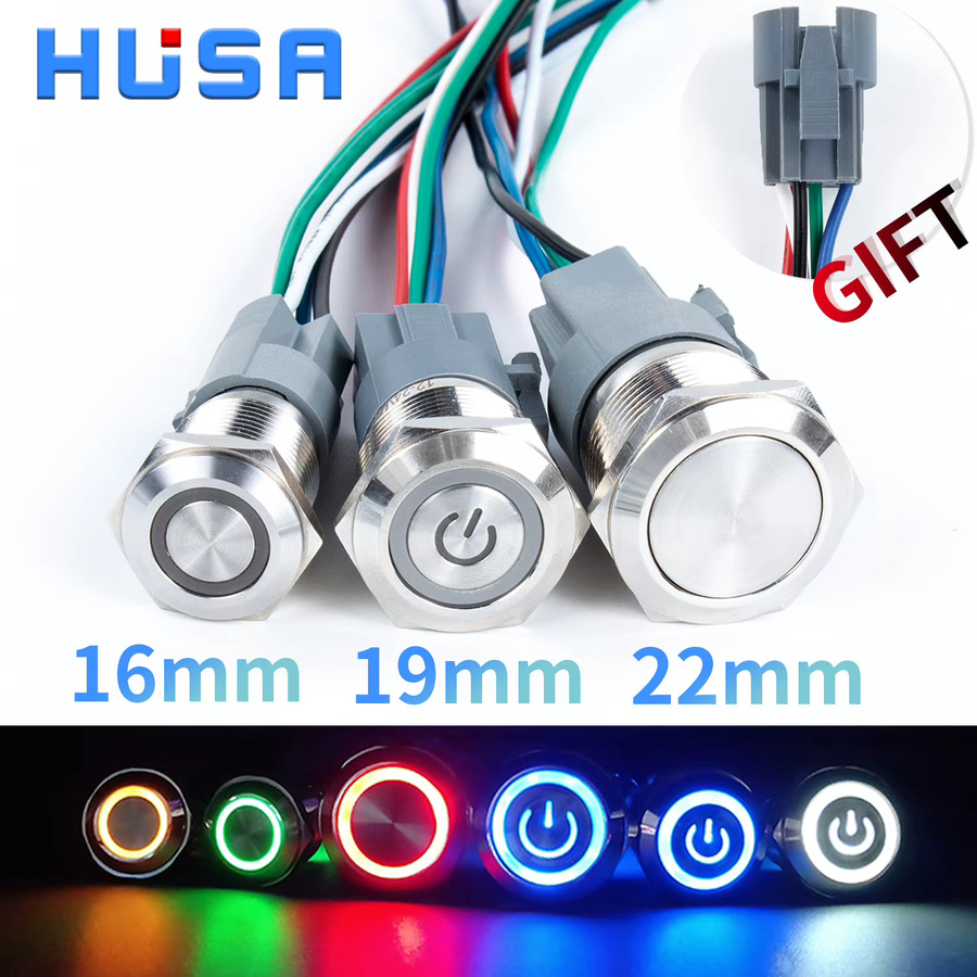 HUSA Metall-Drucktastenschalter mit LED-Ring und Draht, wasserdicht, silber, kurzzeitig verriegelnd, 1 Schließer und 1 Öffner, Durchmesser: 16 mm, 19 mm oder 22 mm - Bild 3