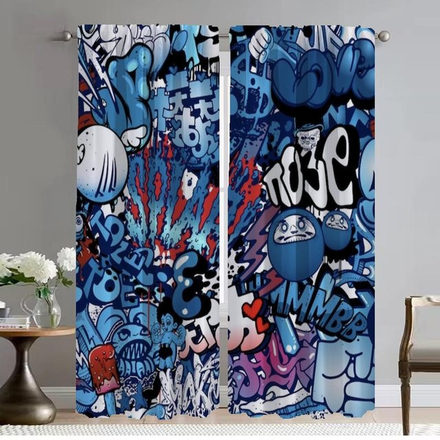 2er-Set Moderne Wohnzimmergardinen mit Hip-Hop Graffiti Design, Verdunkelungsgardinen in Multicolour, Breite: 107 cm, Höhe: 213 cm - Bild 1