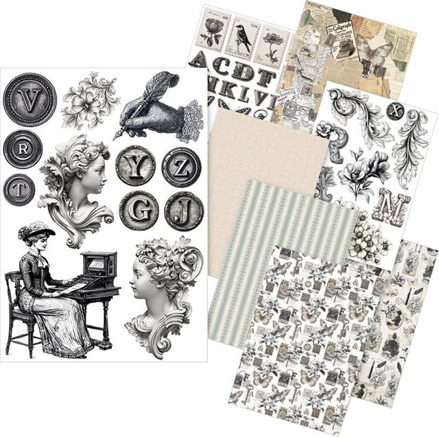 8er-Set Motiv-Strohseiden Typographic in Beige, Braun, Schwarz und Multicolour, Format A5 - Bild 1
