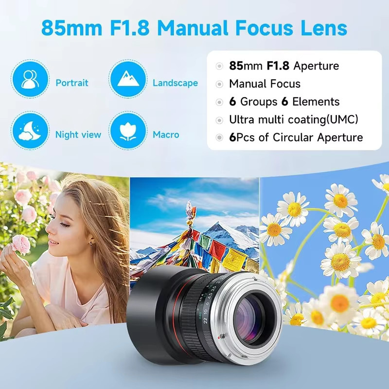Lightdow 85 mm F1,8 Porträtobjektiv mit manuellem Fokus für Canon RF Vollformat-Spiegellose Kameras, Schwarz - Bild 2