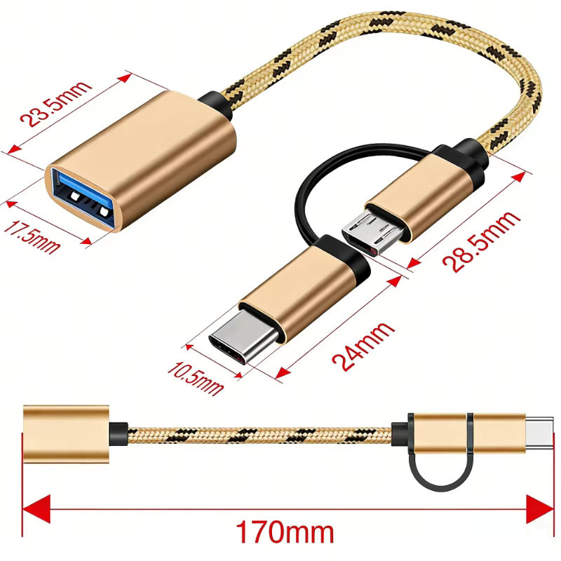 DIXSG 2-in-1 USB 3.0 OTG Adapterkabel in Braun mit Micro-USB und USB-C für Datensynchronisation - Bild 4