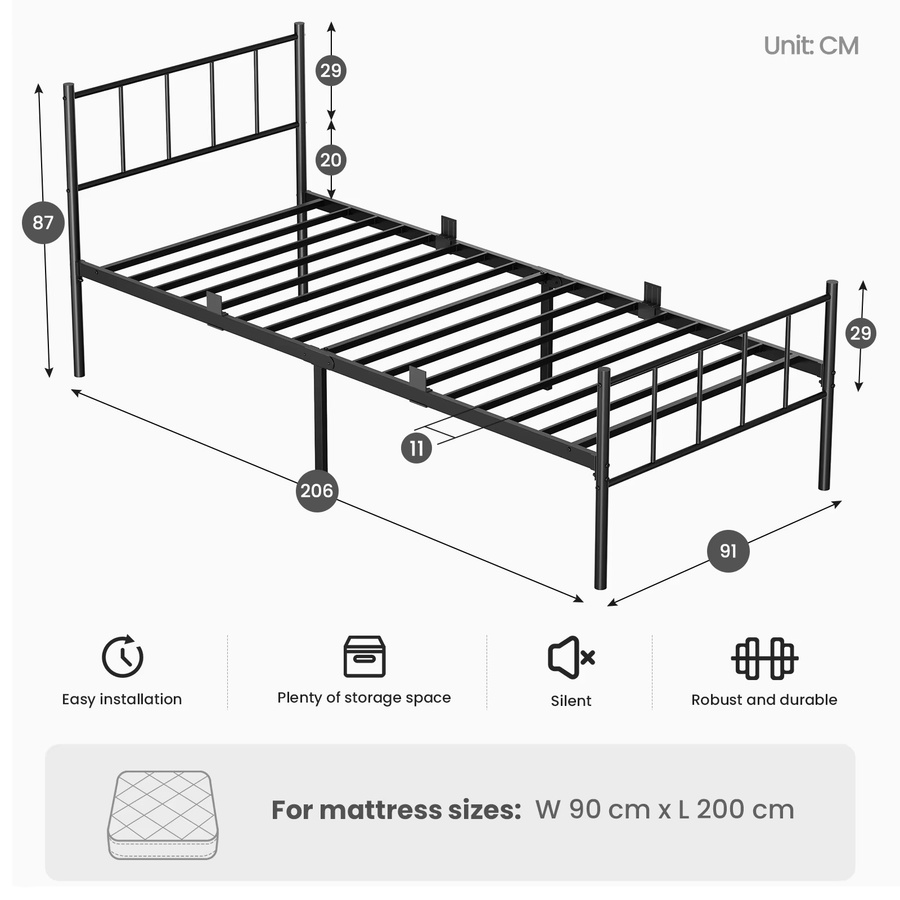 KUTAS Metallboxbett in Schwarz, Einzelbett für Teenagerzimmer, B/T/H: 90 x 200 cm - Bild 4
