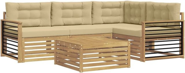 vidaXL 6-tlg. Outdoor-Sofagarnitur in L-Form mit Kissen und Couchtisch, Weiß und Beige, Akazienholz und UV-beständigem Polyester - Bild 1