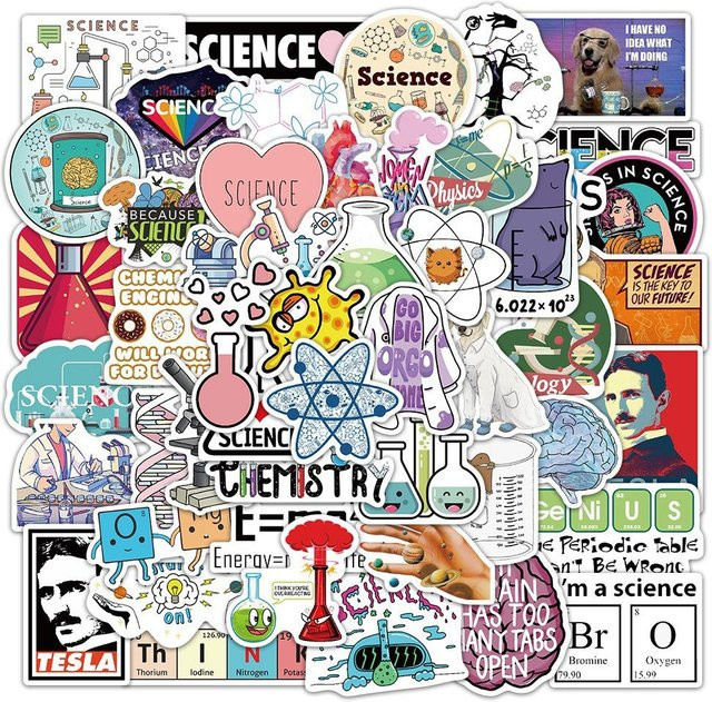 50 Stück Chemie Wissenschaft Aufkleber von Wucifang Jewelry in Schwarz und Multicolour für Laptop, Wasserflasche und DIY Scrapbook - Bild 1