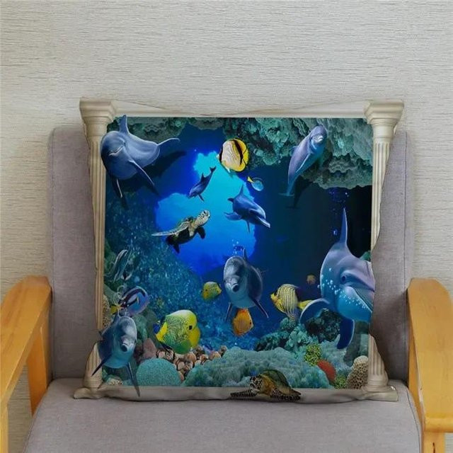 Kissenbezug mit Ozean-Delfin-Muster und Unterwasserwelt-Druck in Beige und Blau für Kinder und Sofa, B/B: 66 x 66 cm - Bild 1