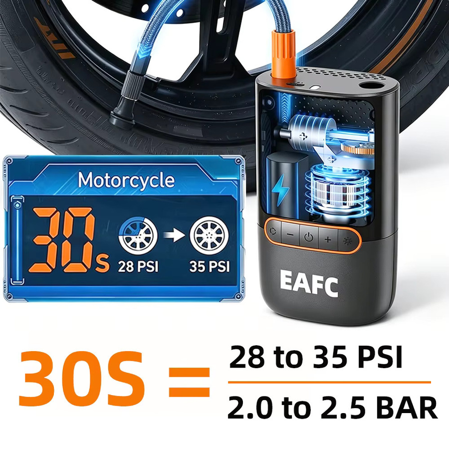 EAFC Digitaler Luftkompressor Schwarz: Tragbare Kabellose Luftpumpe als Reifenfüller für Motorräder, Fahrräder und Bälle mit Powerbank-Funktion und Notlicht - Bild 5